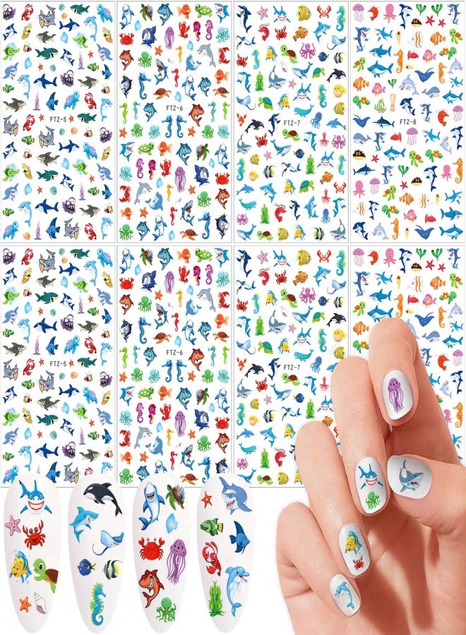 FUMIHIT 8 Sheets Sea Animals Shark Nail Art Stickers 3D Self-Adhesive Ocean Nail Decals for Women Nail Art, Under The Sea Birthday Party Supplies Decorations Favors Gifts Ocean Animal Goodie Bag Fillers - Image 1